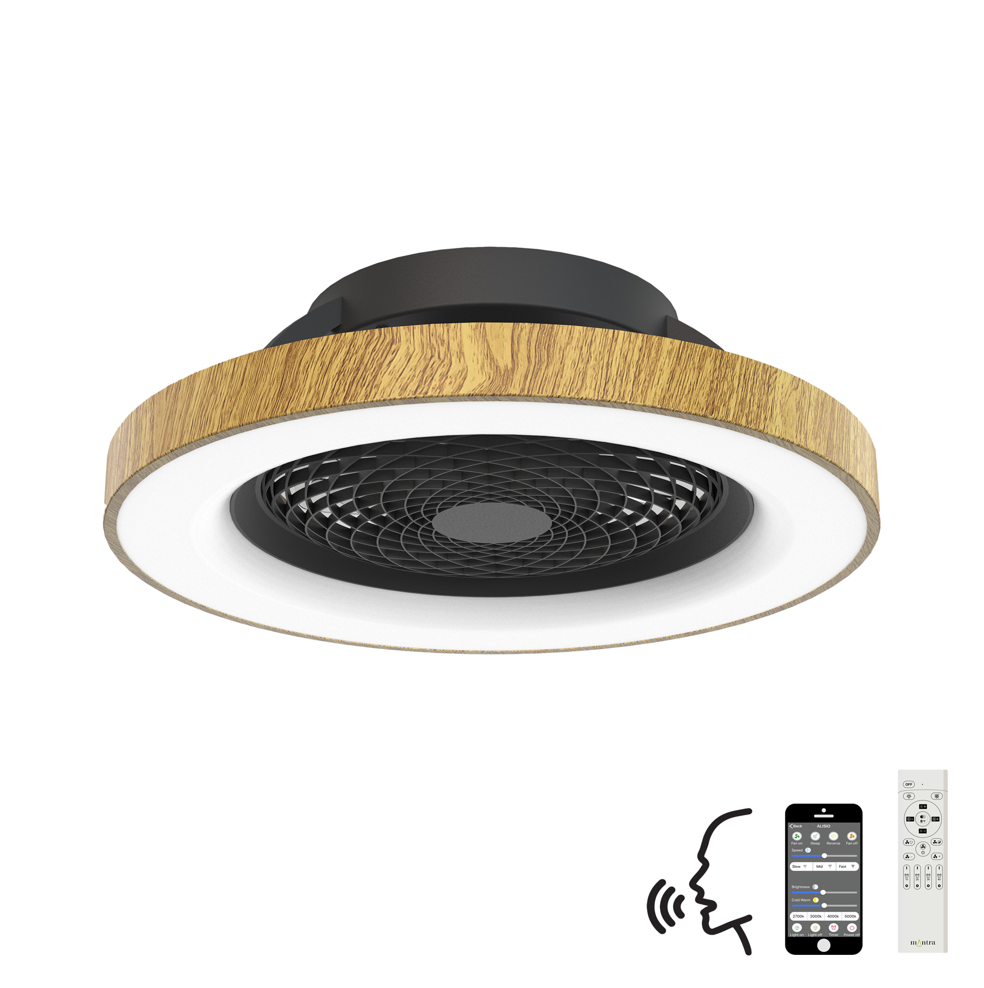 M7127  Tibet 70W LED Dimmable Ceiling Light & Fan; Remote / APP / Voice Controlled Wood Effect/Black